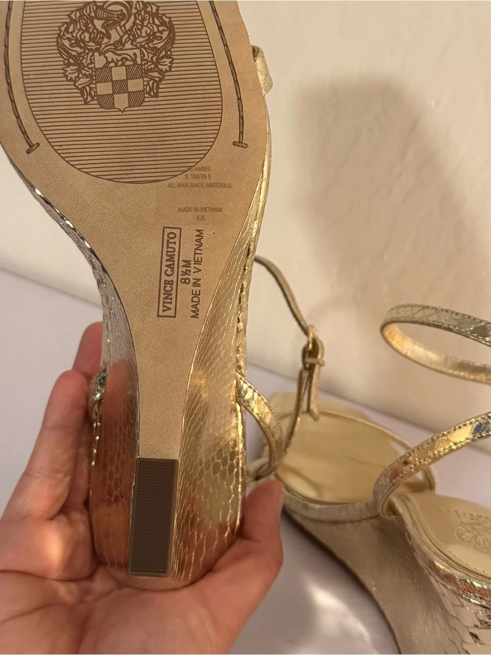 Vince Camuto Gold Metallic Snake-Embossed Wedge Sandals